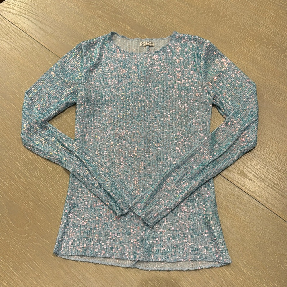 Free people blue sequin long sleeve top